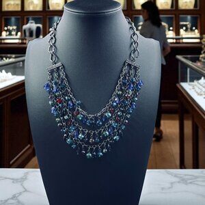 Gunmetal Crystal Beaded Statement Necklace Boho Glam Layered Chunky Y2K‎ Jewelry